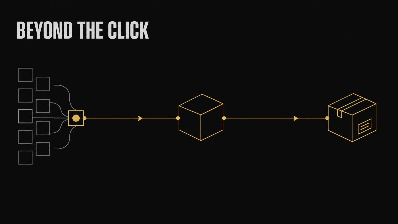 A gold path from an AI shortlist to a product and a delivery parcel. BEYOND THE CLICK.