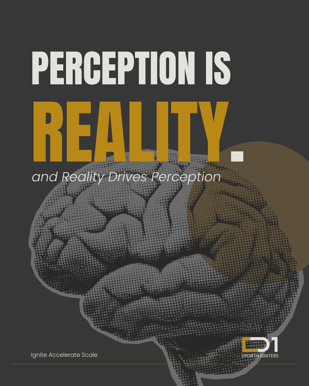 Perception Is Reality — and Reality Drives Perception. DAY ONE Growth Igniters editorial cover with halftone brain illustration.