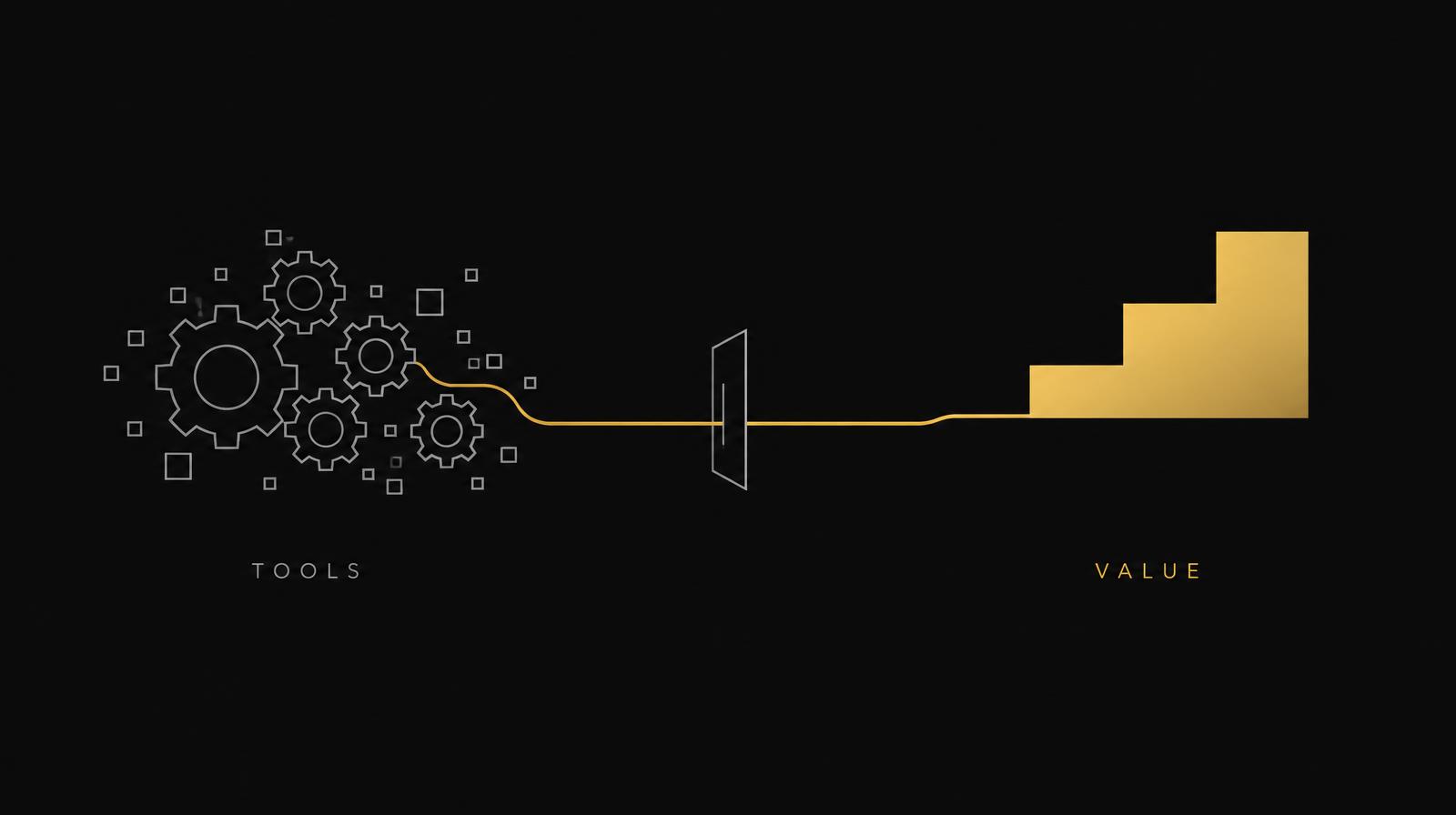 Minimal diagram on a dark background: grey gears and squares labelled TOOLS connect through a thin gold line and a narrow gate to a gold rising step labelled VALUE.