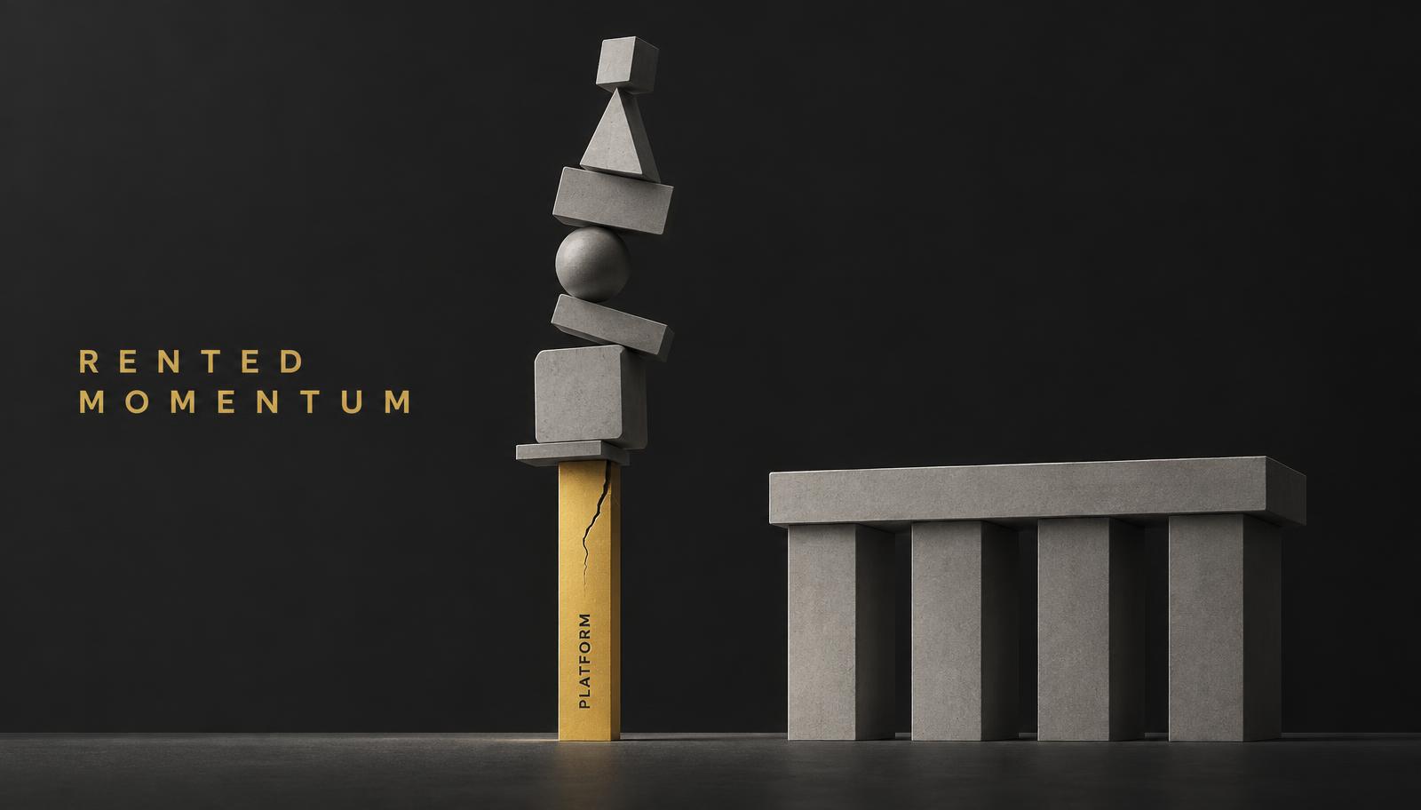 A tower of grey geometric shapes balances on one cracked gold pillar labelled PLATFORM, next to a stable multi-pillar base. RENTED MOMENTUM.