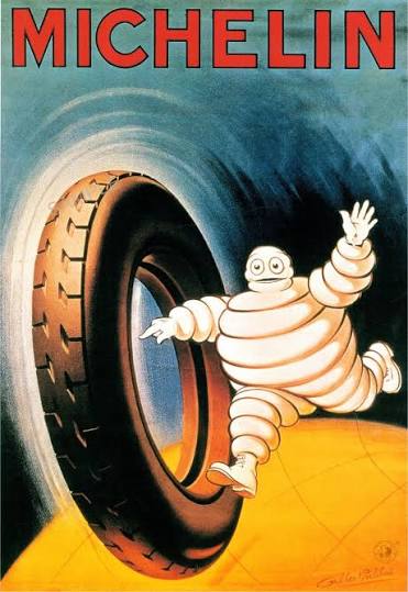 Vintage Michelin poster featuring Bibendum, the Michelin Man, rolling a tire.
